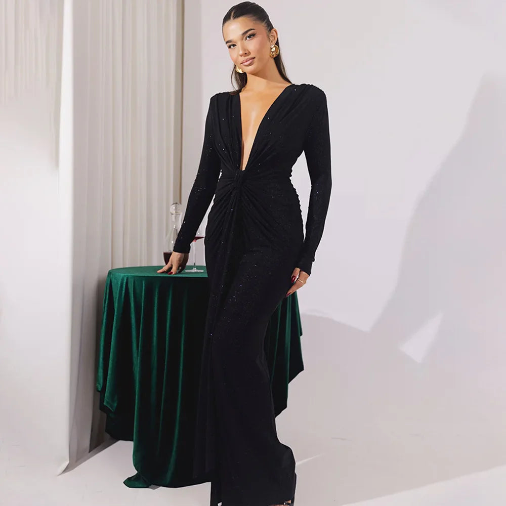 Elastic Deep V-Fold Lace Maxi Dress