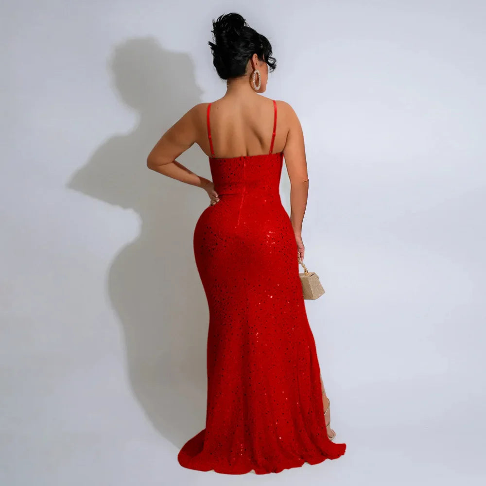 Sequined High Side Split Mermaid Maxi Dress