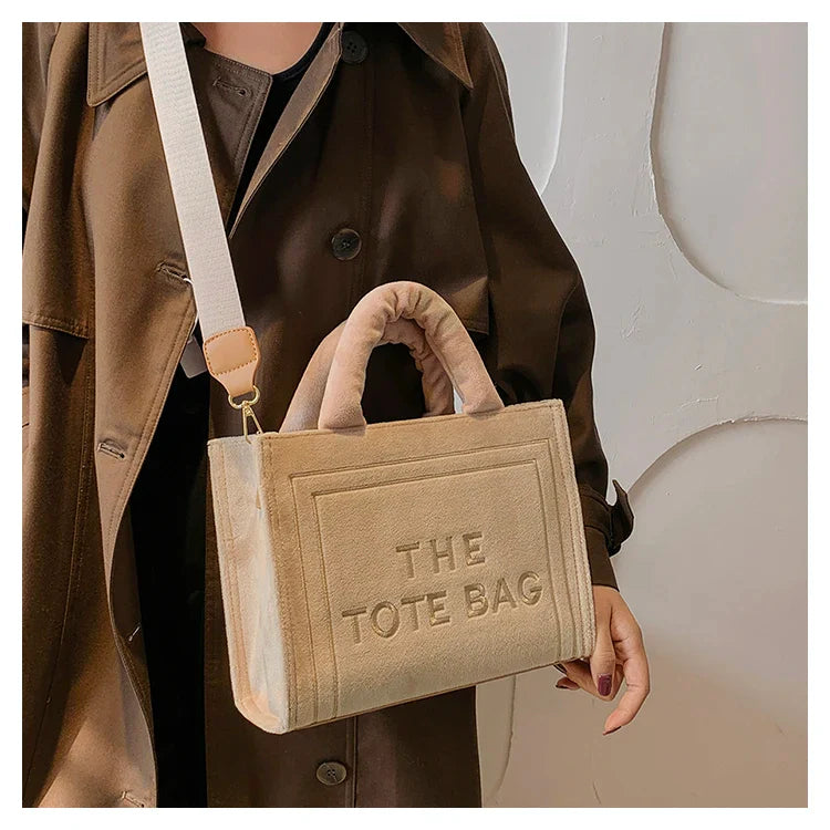 Square Velour Tote Bag with Letter Print