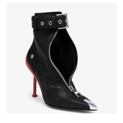 Belt Buckle Front Zipper Pointed Ankle Boots