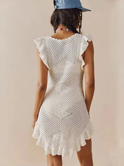 Ruffled Crochet Hollow Out Knit  Beach Mini Dress