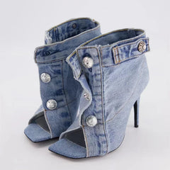 Denim Slim High Heel Button Sandals