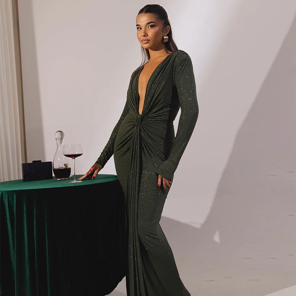 Elastic Deep V-Fold Lace Maxi Dress