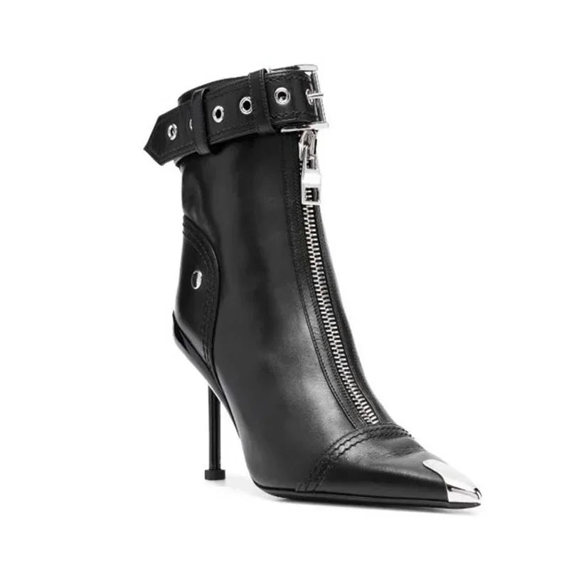 Belt Buckle Front Zipper Pointed Ankle Boots
