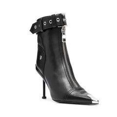 Belt Buckle Front Zipper Pointed Ankle Boots