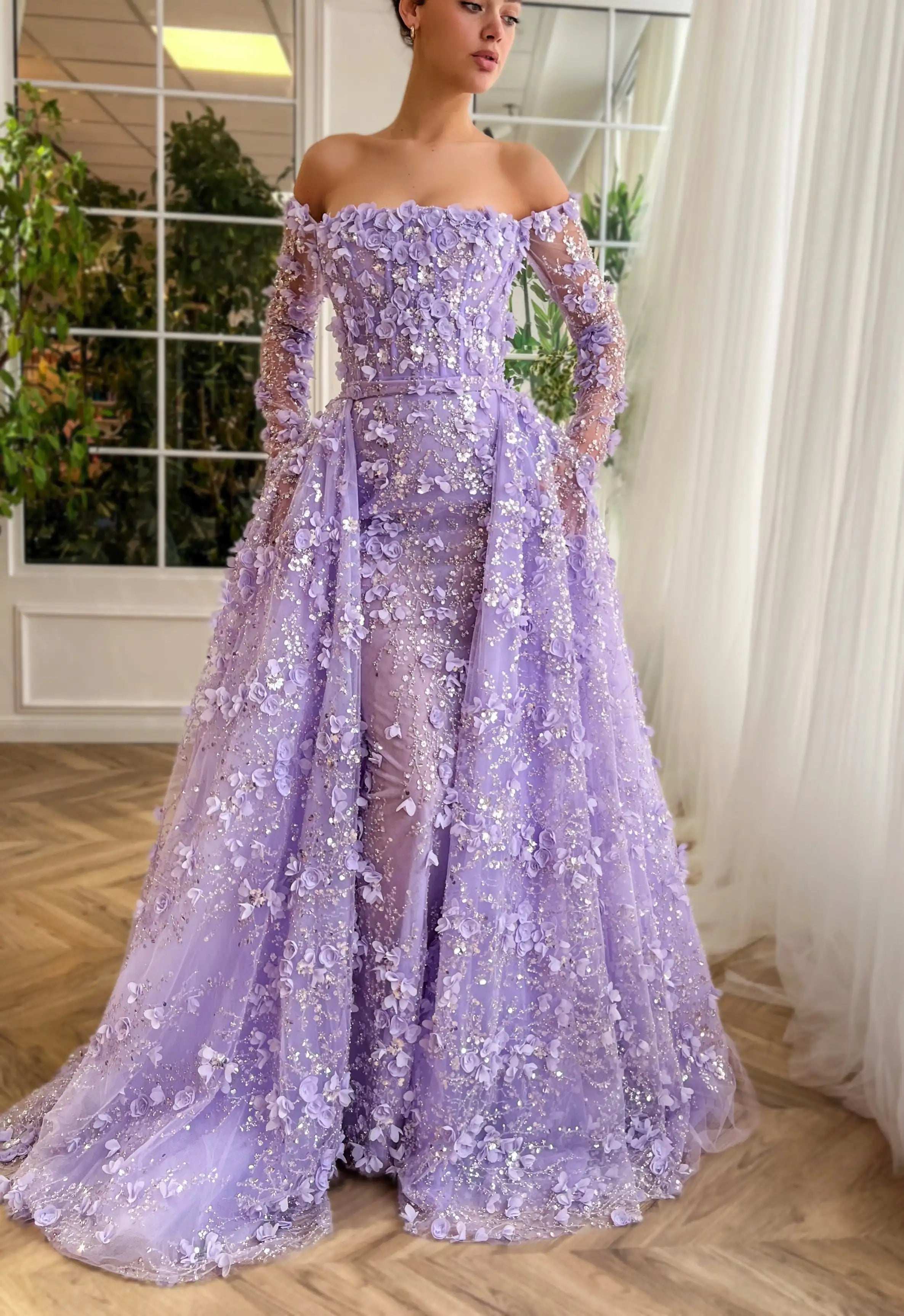 3D Flowers Evening Dress with Overskirt Long Sleeves