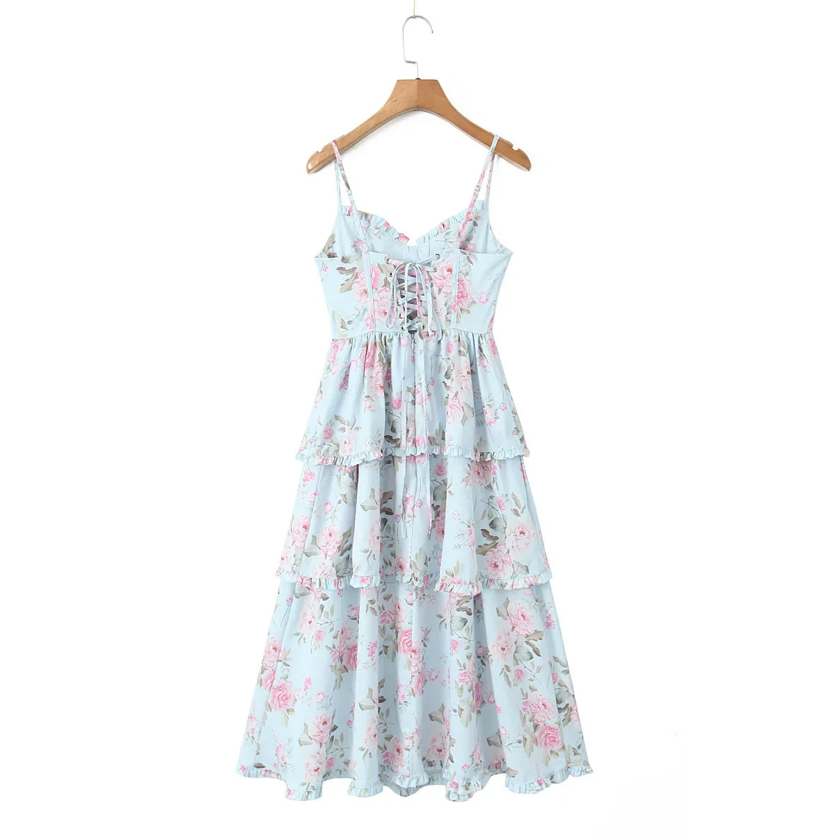 Print Cross Lacing up Back Slit Midi Dress