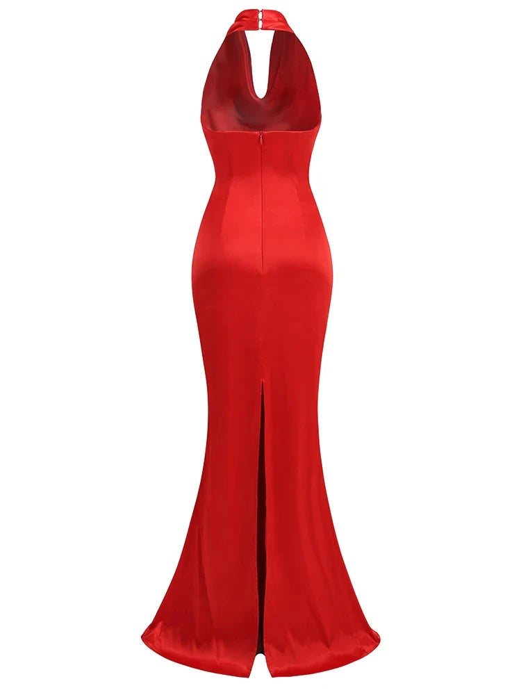 Swinging Collar Backless Pleated Red Stain Maxi Dress