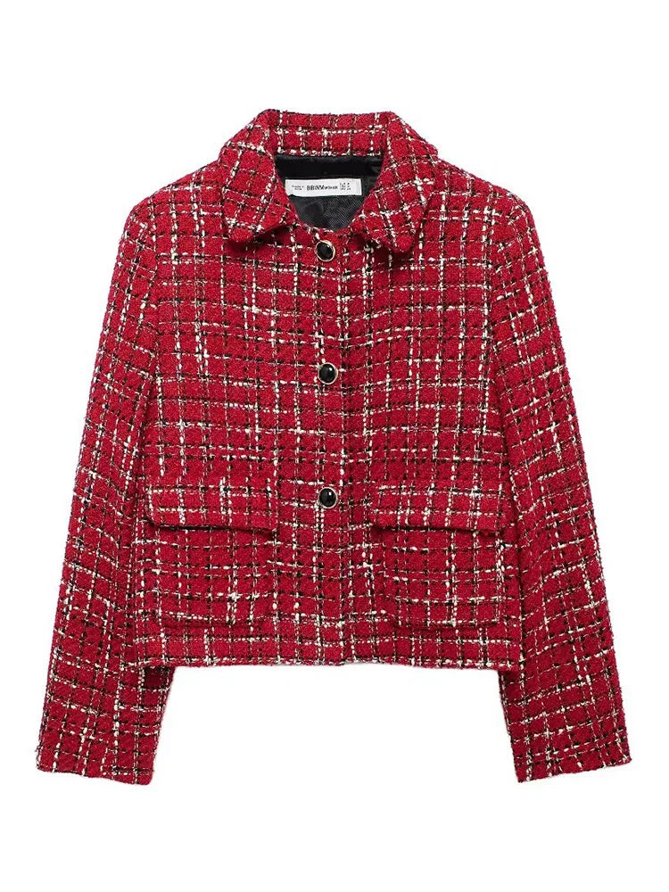 Plaid Lapel Coat and Side Zipper Short Suit