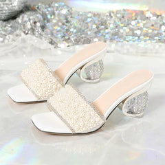 White Pearl Transparent Thick Bottom Heeled Shoes