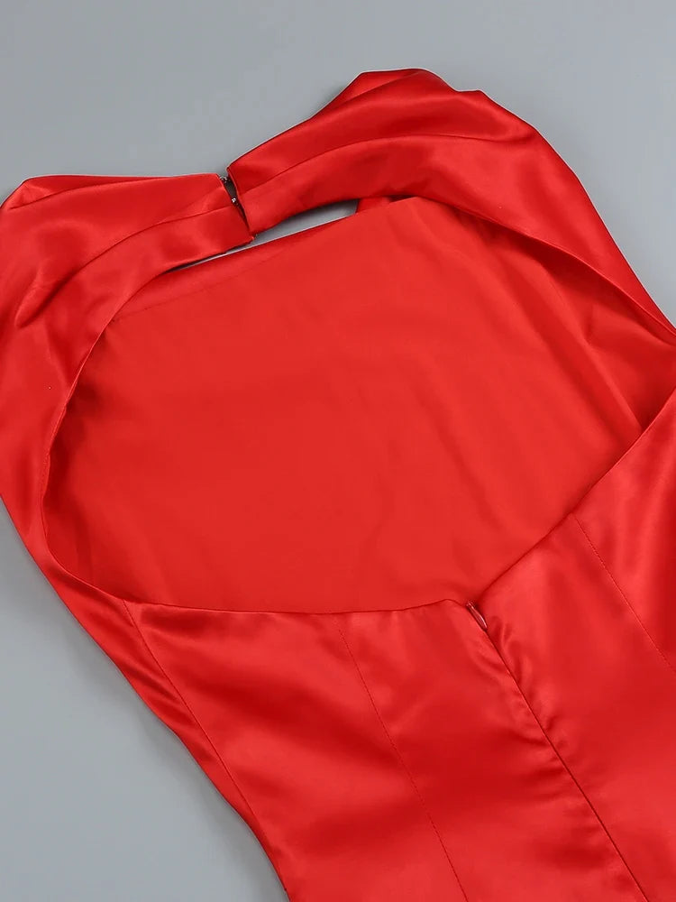 Swinging Collar Backless Pleated Red Stain Maxi Dress