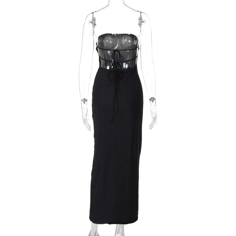 Black Tube Flower Print Back Tie Up Maxi Dress