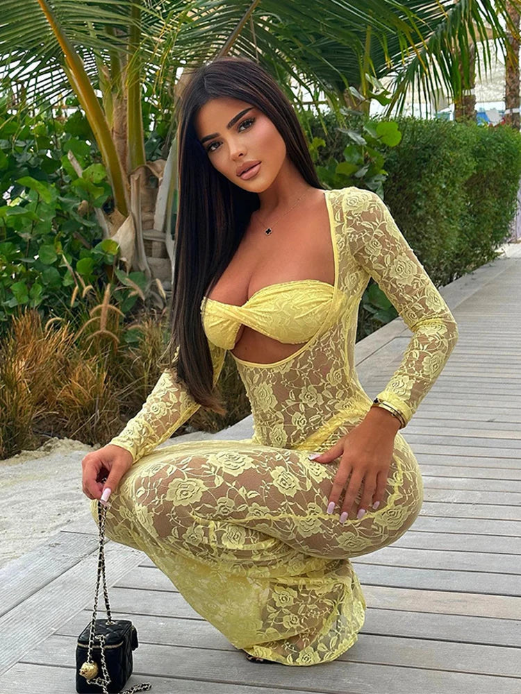 Perspective Lace Hollow Out Bodycon Maxi Dress