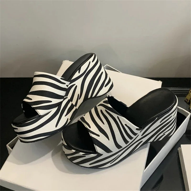 Zebra Stripes Thick Bottom Heels Banquet Slides Shoes