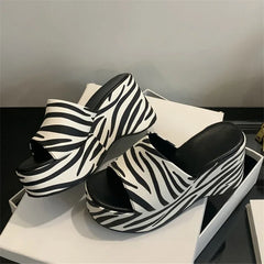 Zebra Stripes Thick Bottom Heels Banquet Slides Shoes