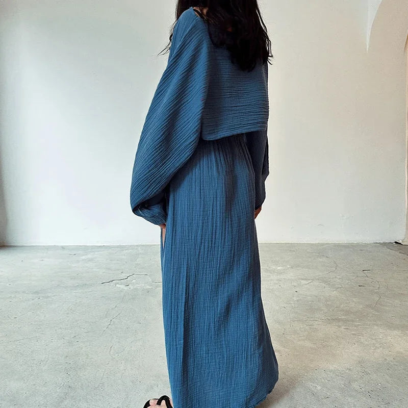 Linen Flare Sleeve Top & Slit Skirt Set