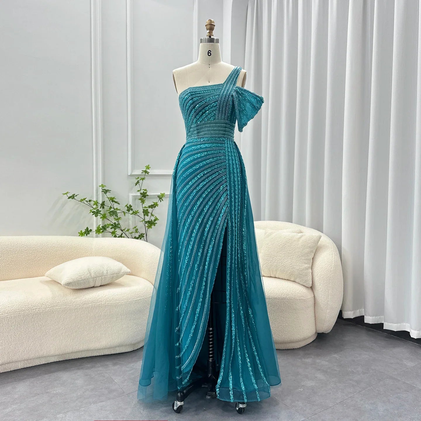 Sage Green One-Shoulder Evening Gown with Overskirt
