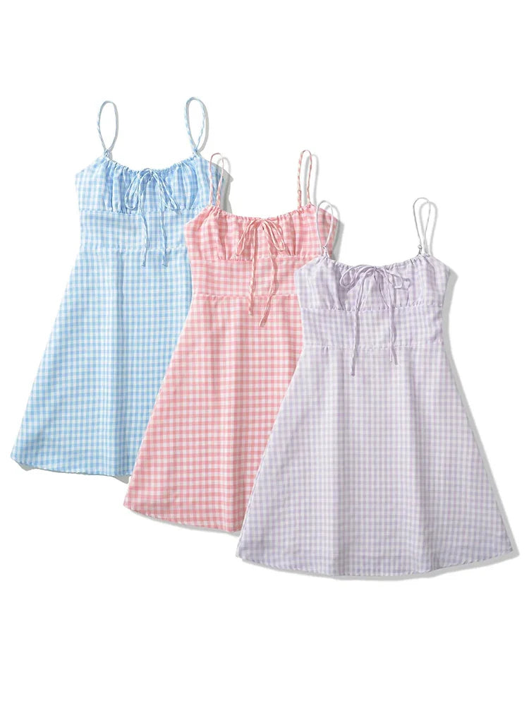 Spaghetti Strap Tie Up Plaid Pink Midi Dress