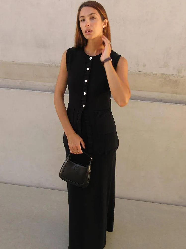 Knitted Solid Slit Vest and Long Skirt Suit