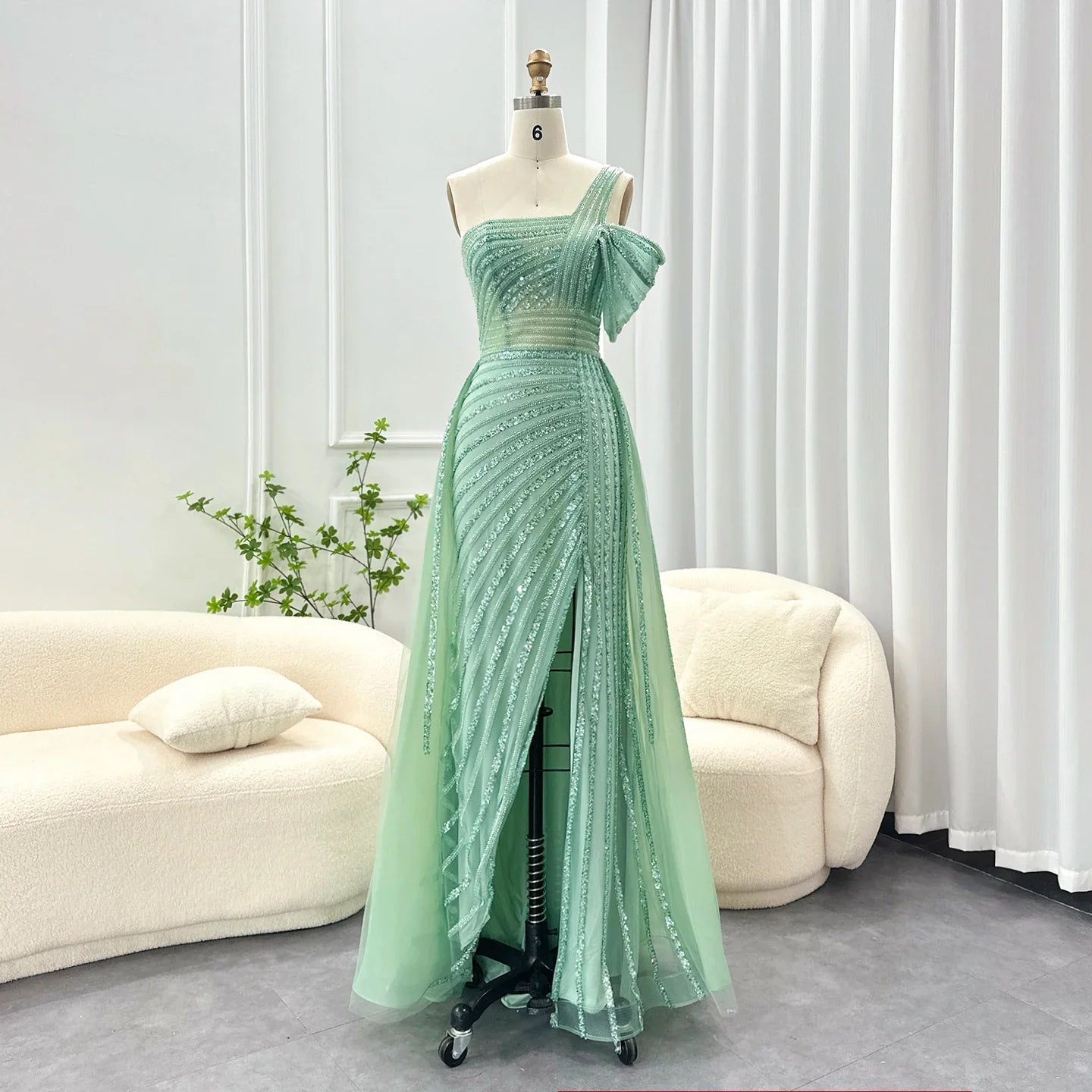 Sage Green One-Shoulder Evening Gown with Overskirt