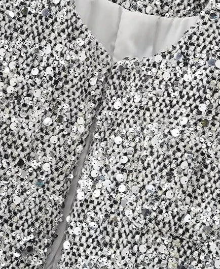 Silver Sequin Embellished Round Neck Short Coat