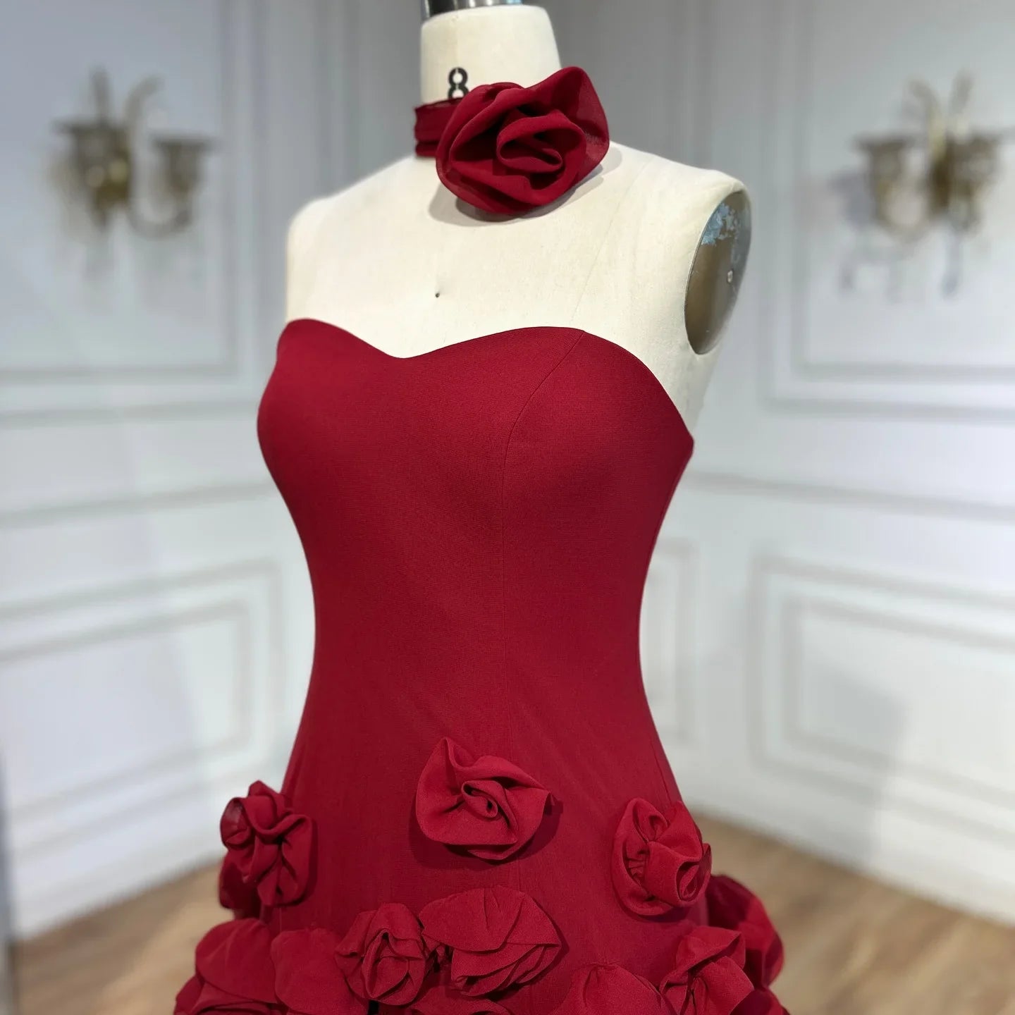 Red Flower Tulle Embroidered Strapless Maxi Dress