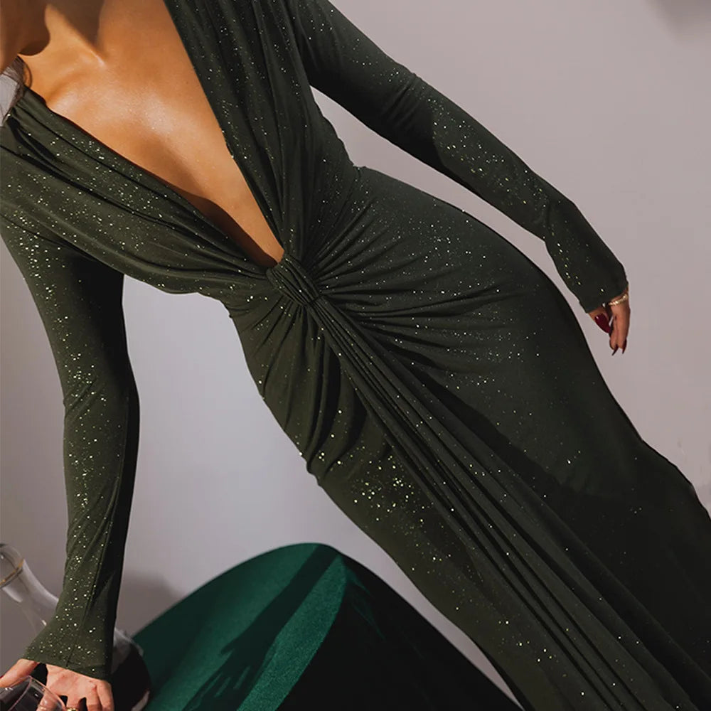 Elastic Deep V-Fold Lace Maxi Dress