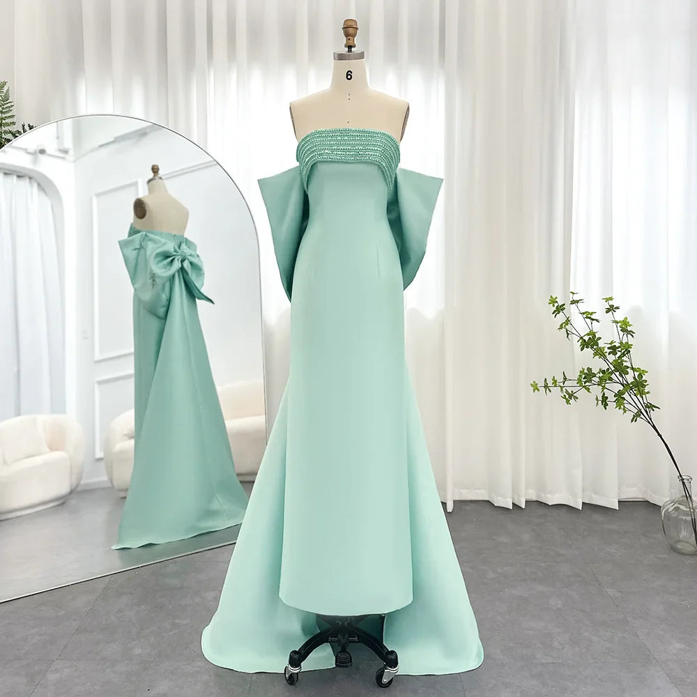 Sage Green Evening Dress with Beaded Cape