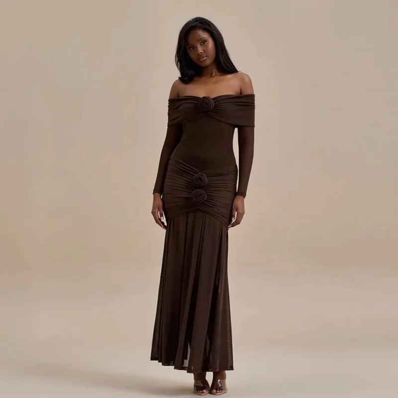 3D Flower-appliqué Mesh Long Sleeve Fishtail Maxi Dress