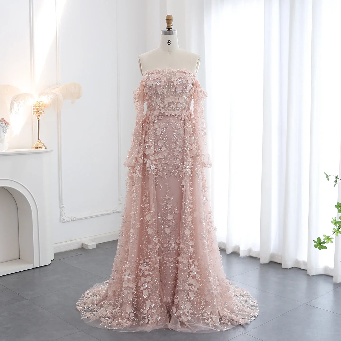 3D Flowers Evening Dress with Overskirt Long Sleeves