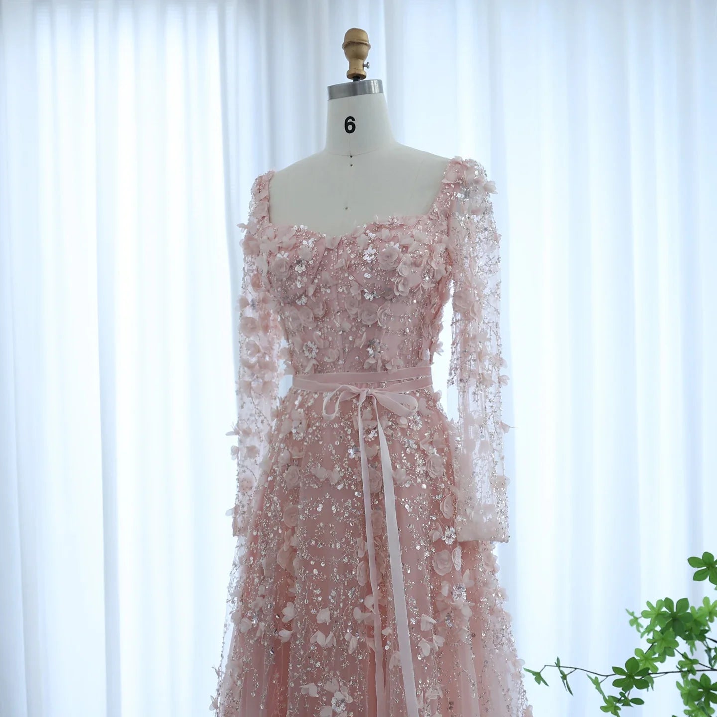 3D Floral A-Line Evening Gown Long Sleeves