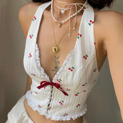 Floral Knit Halter White Crop Top