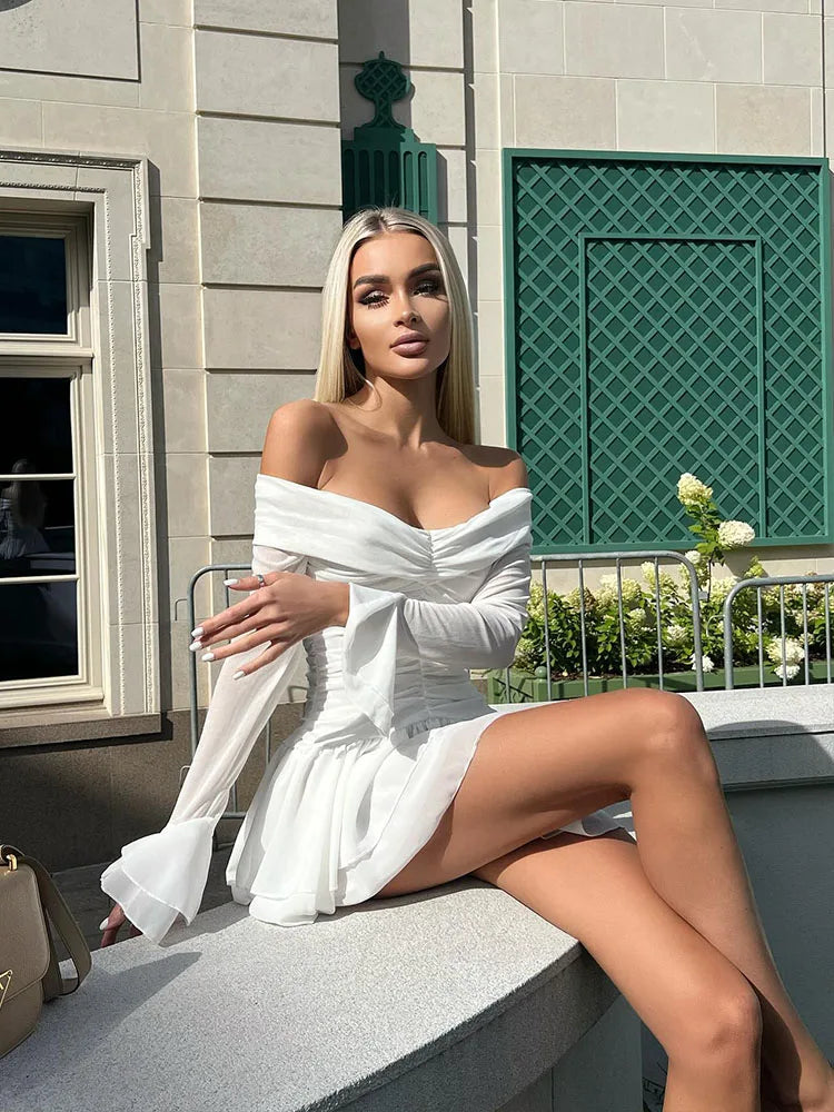 Solid Folds Long Flare Sleeves White Mini Dress