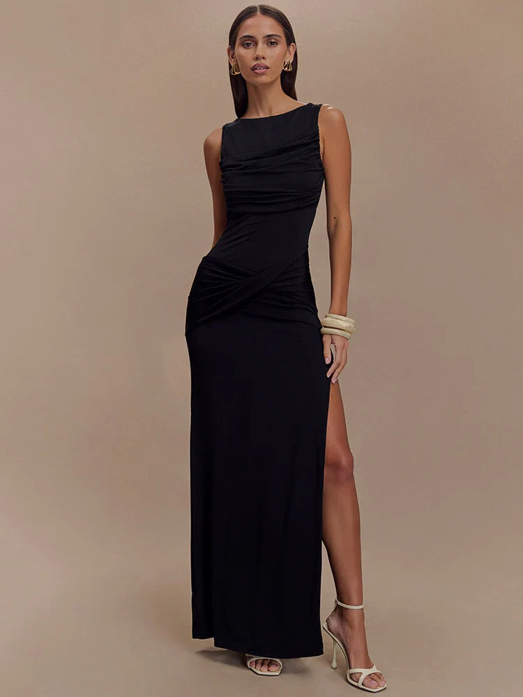 Backless Ruched O Neck Thigh High Split Long Dress
