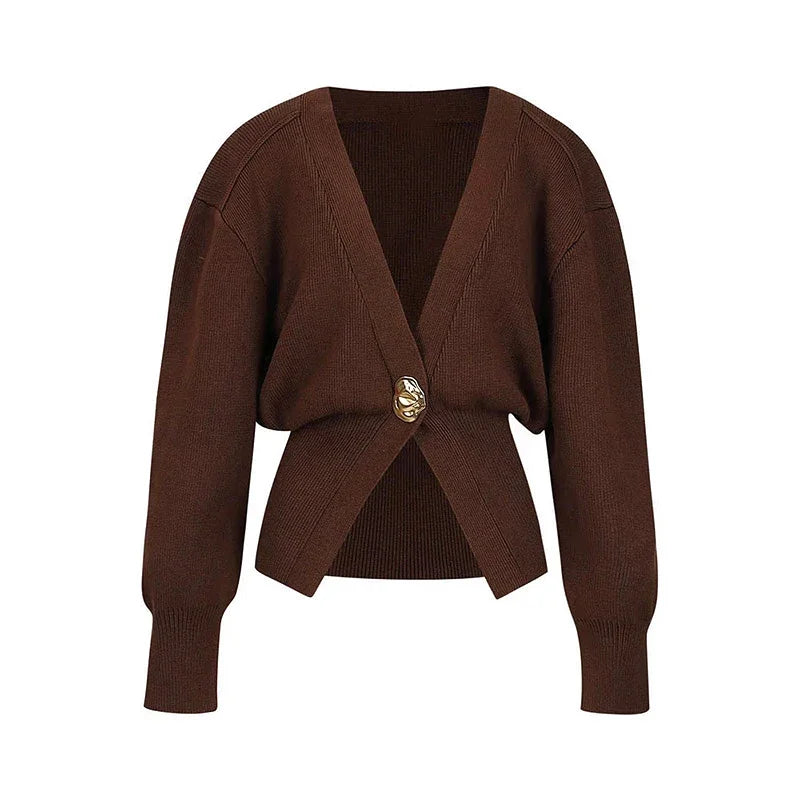 Knitted Single Button Long Lantern Sleeve Sweater