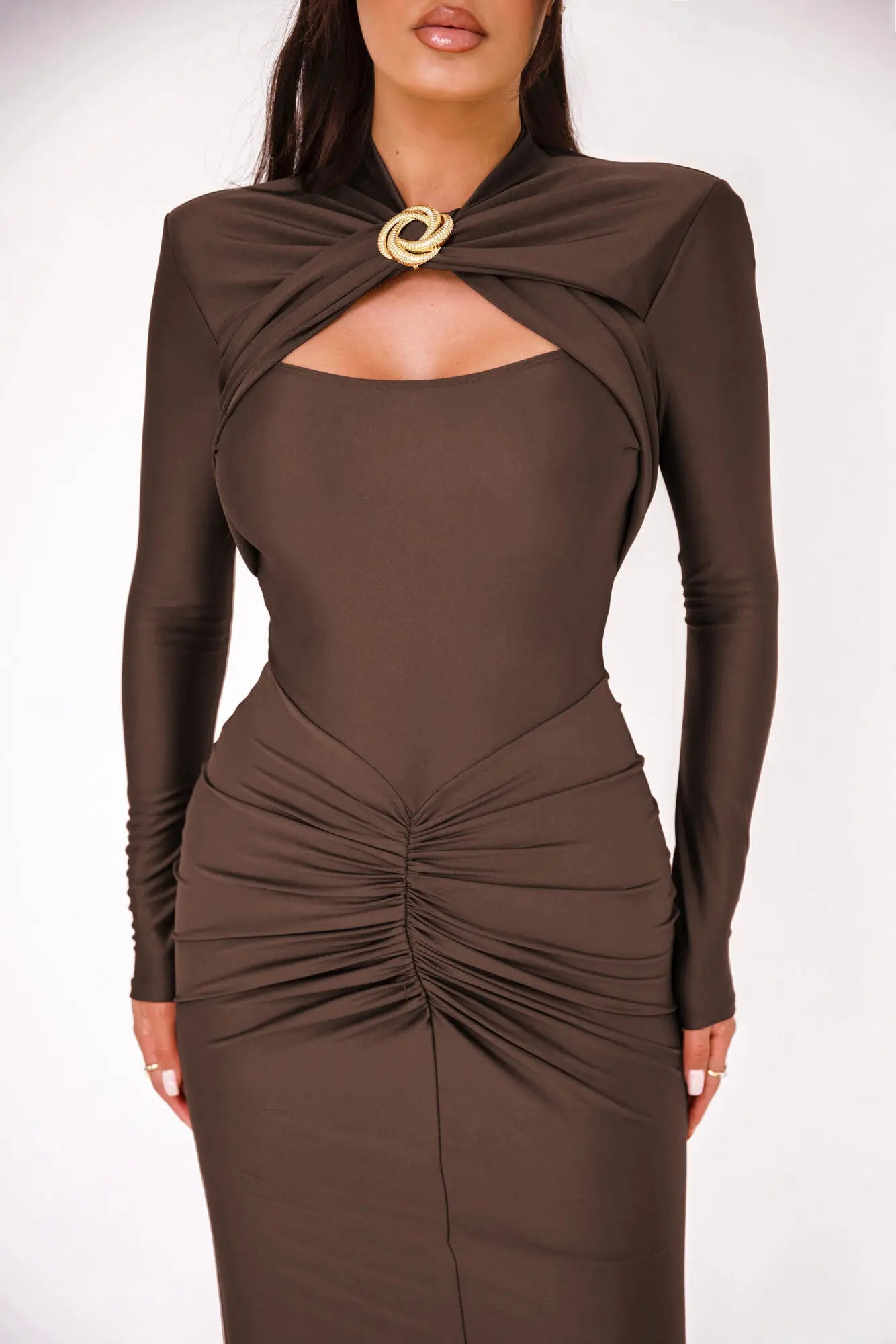 Long Sleeved Pleated Hollowed Out Maxi Dress