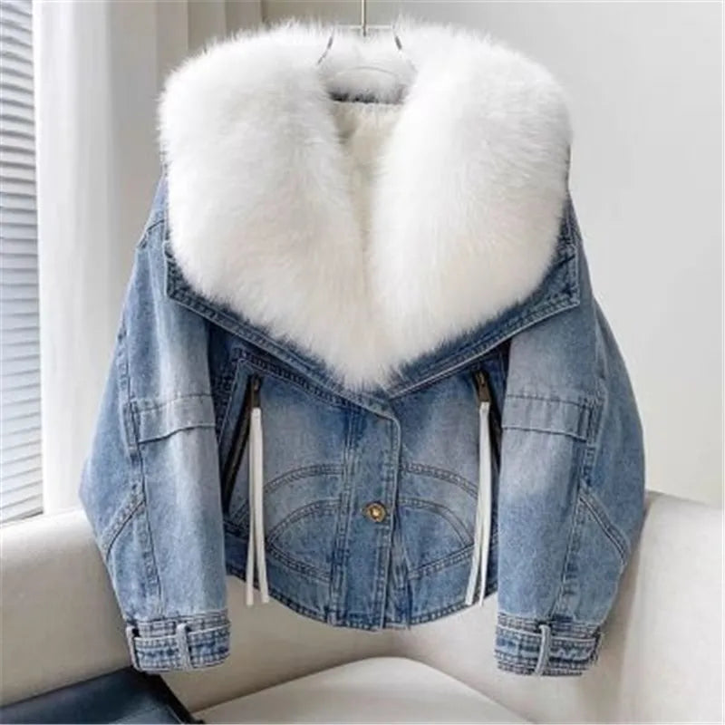 Denim Blue Fur Collar Cotton-Padded Jacket