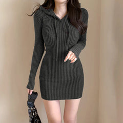 Basic Hooded Slim Knitted Long Sleeves Dress