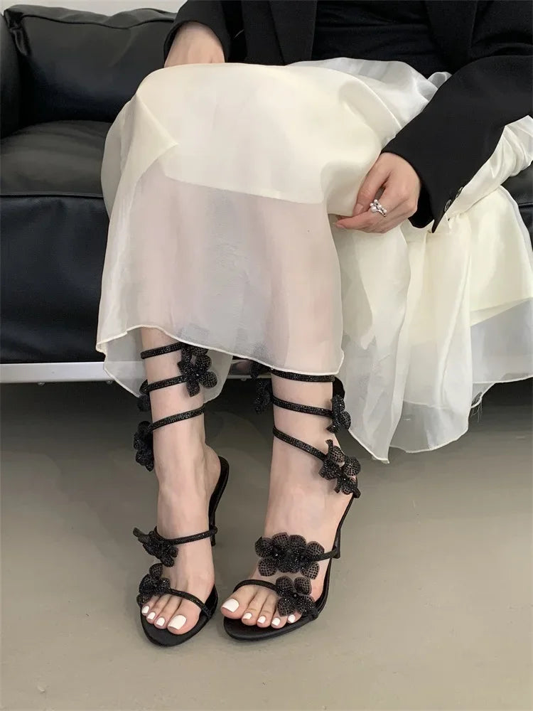 Crystal Narrow Band Thin High Heels Sandals