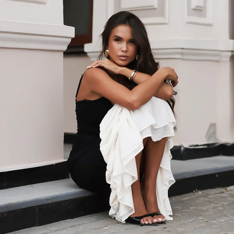 Black Strap White Frill Patchwork Maxi Dress