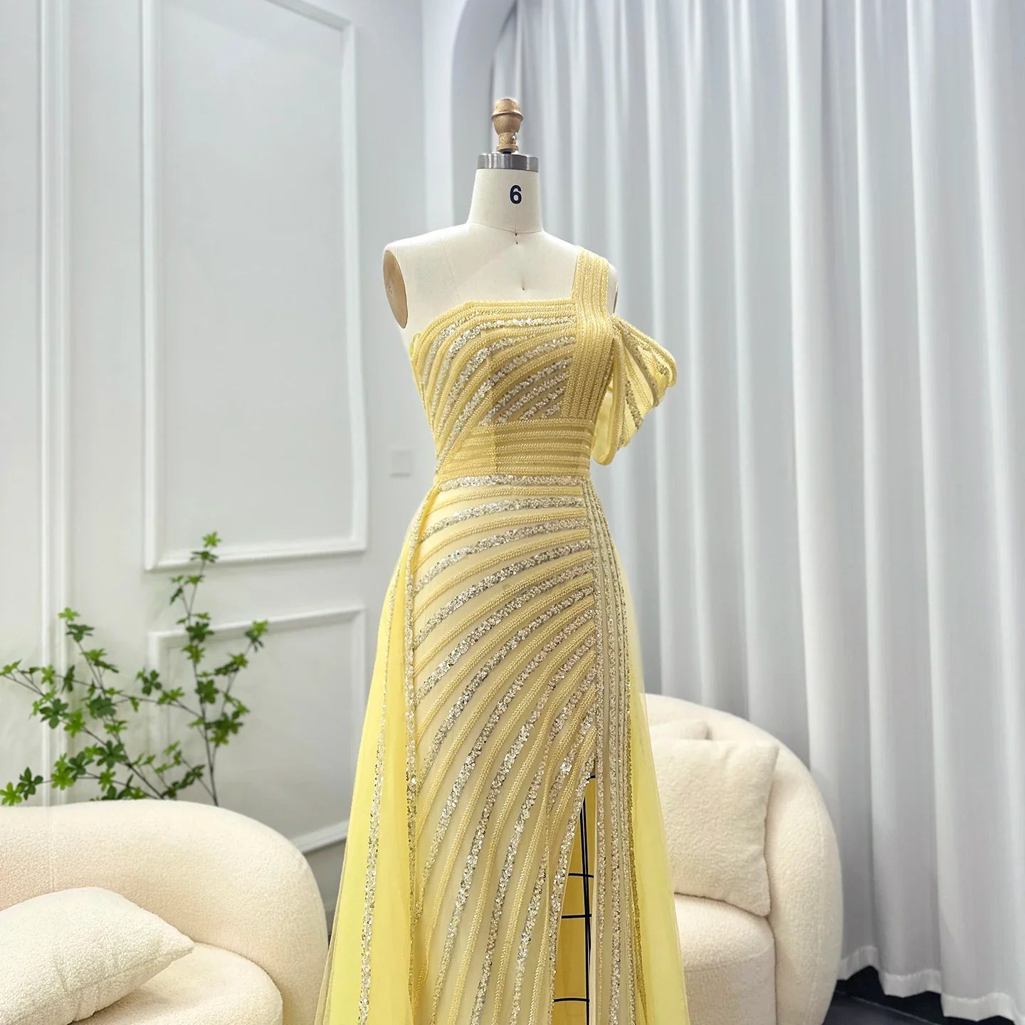 Sage Green One-Shoulder Evening Gown with Overskirt