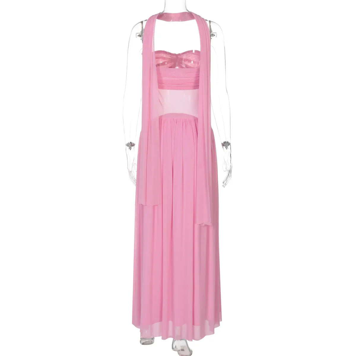 Sheer Strapless Patchwork Pleated Scarf Maxi Dress