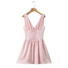 Stain Pleated Ruched Strap Bow Folds Hem Mini Dress