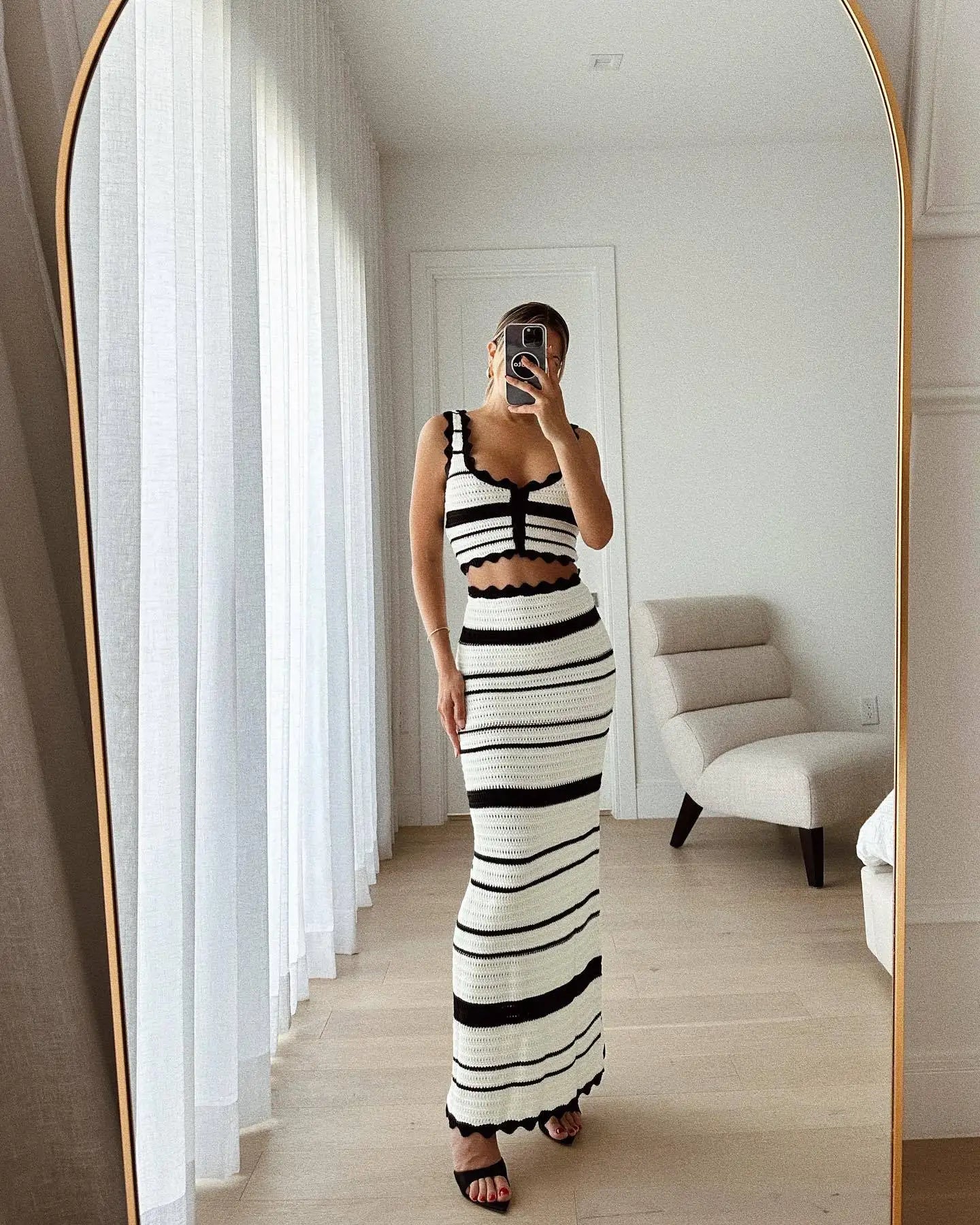 Striped Contrast Knitted Top and Long Skirt Set