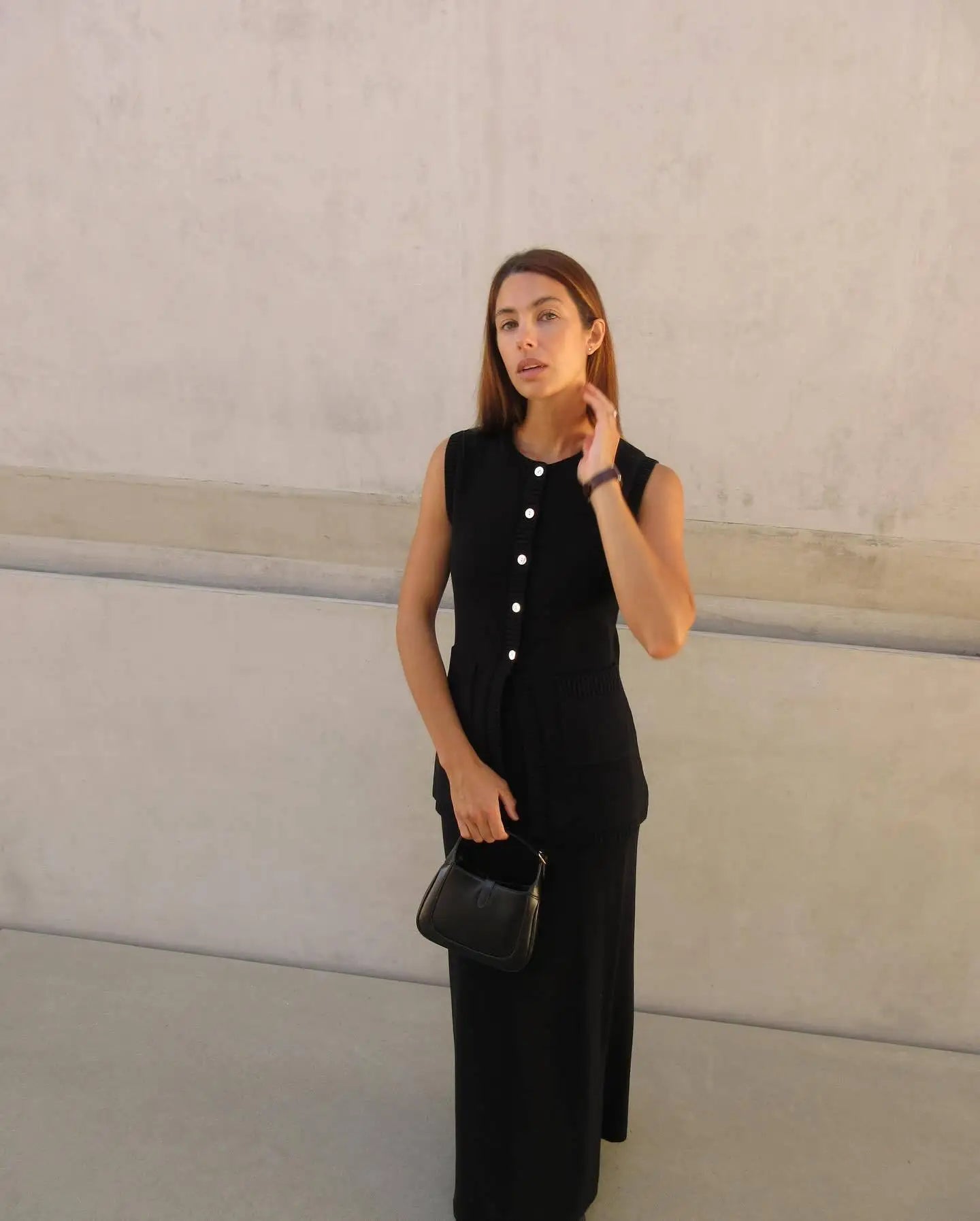 Knitted Solid Slit Vest and Long Skirt Suit