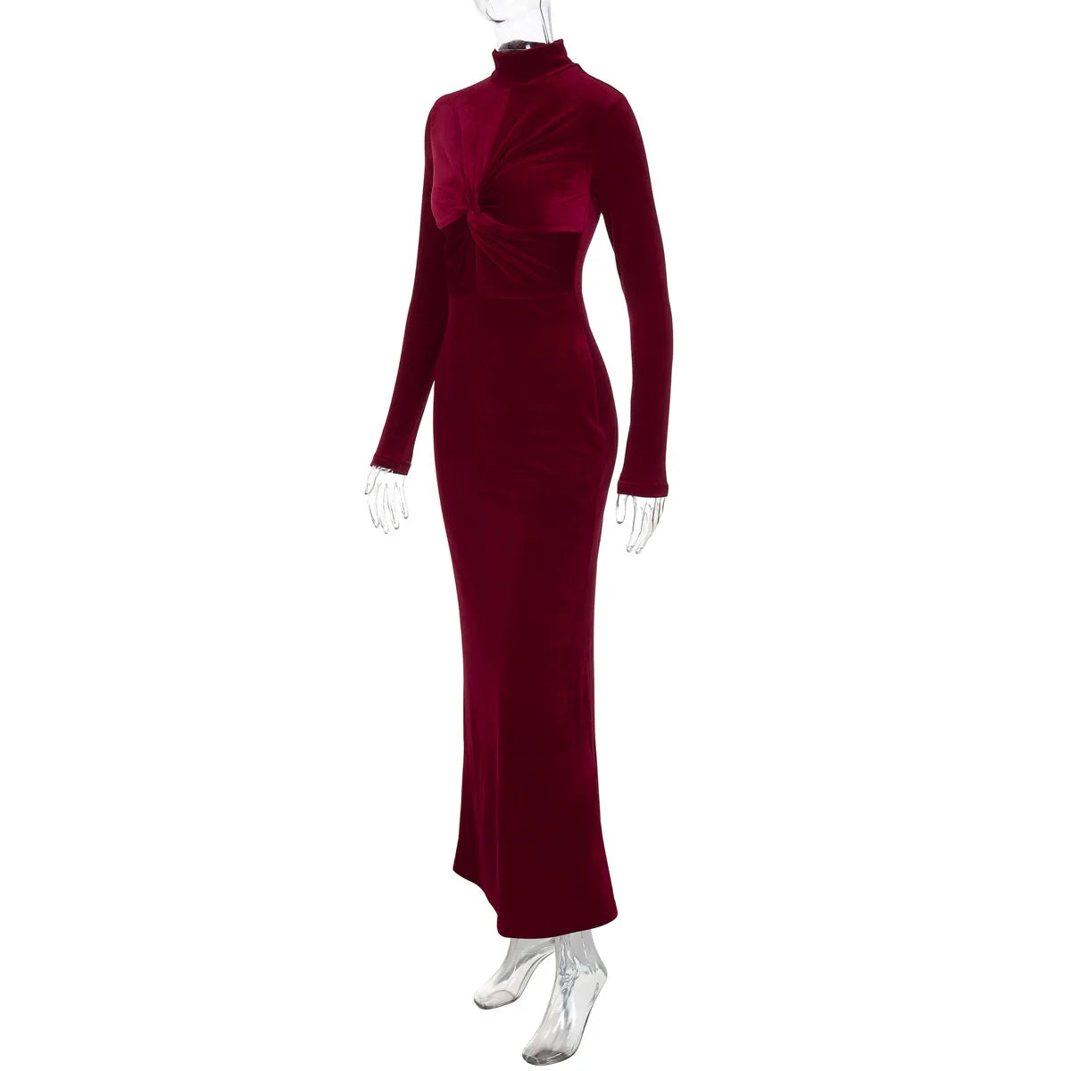 Pleated Twist Long Sleeve Solid Maxi Dress