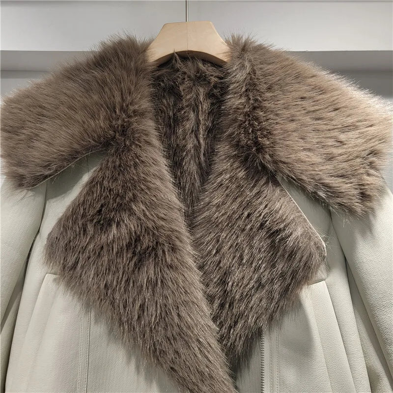 Spliced Leather Faux Fur Long Sleeve Jacket
