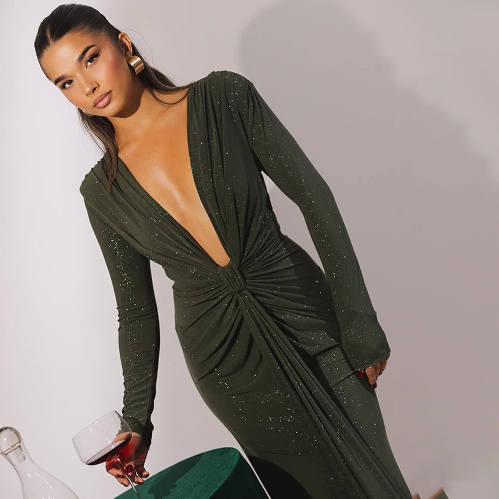 Elastic Deep V-Fold Lace Maxi Dress