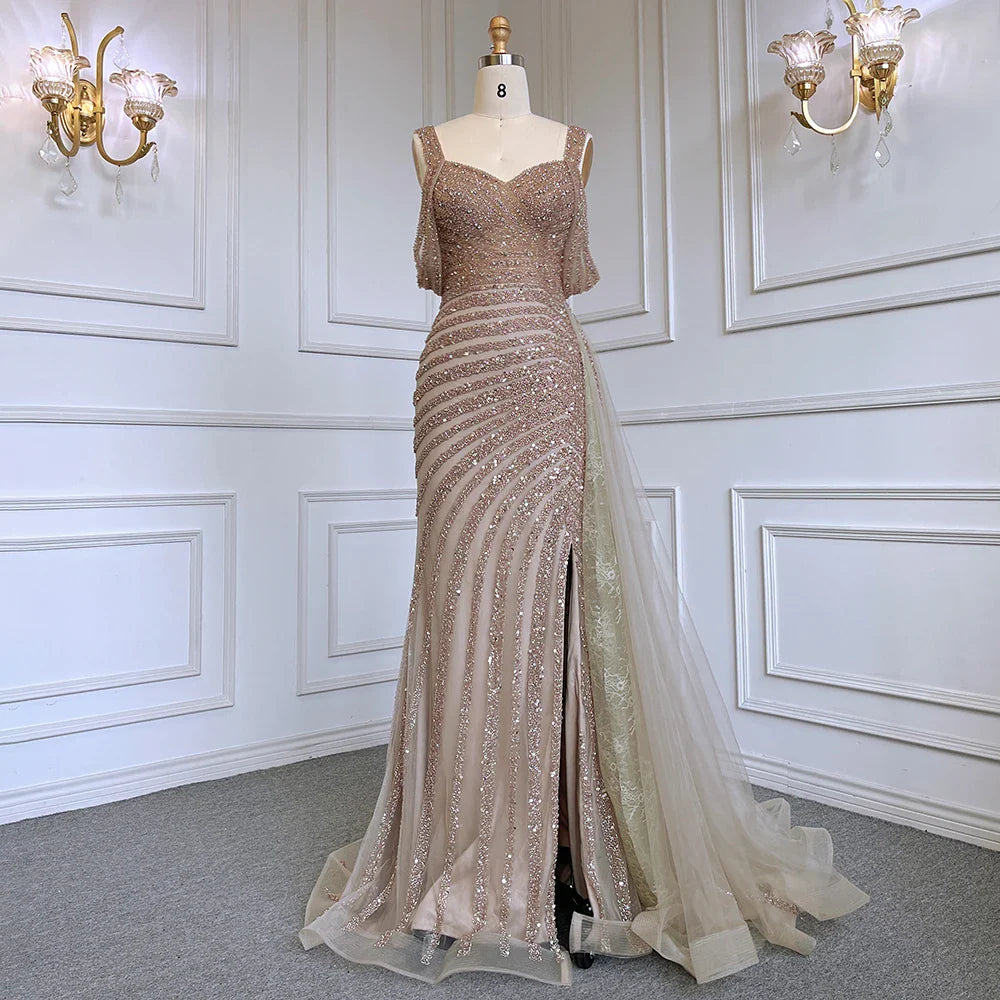 Caramel Mermaid Evening Gown with High Slit