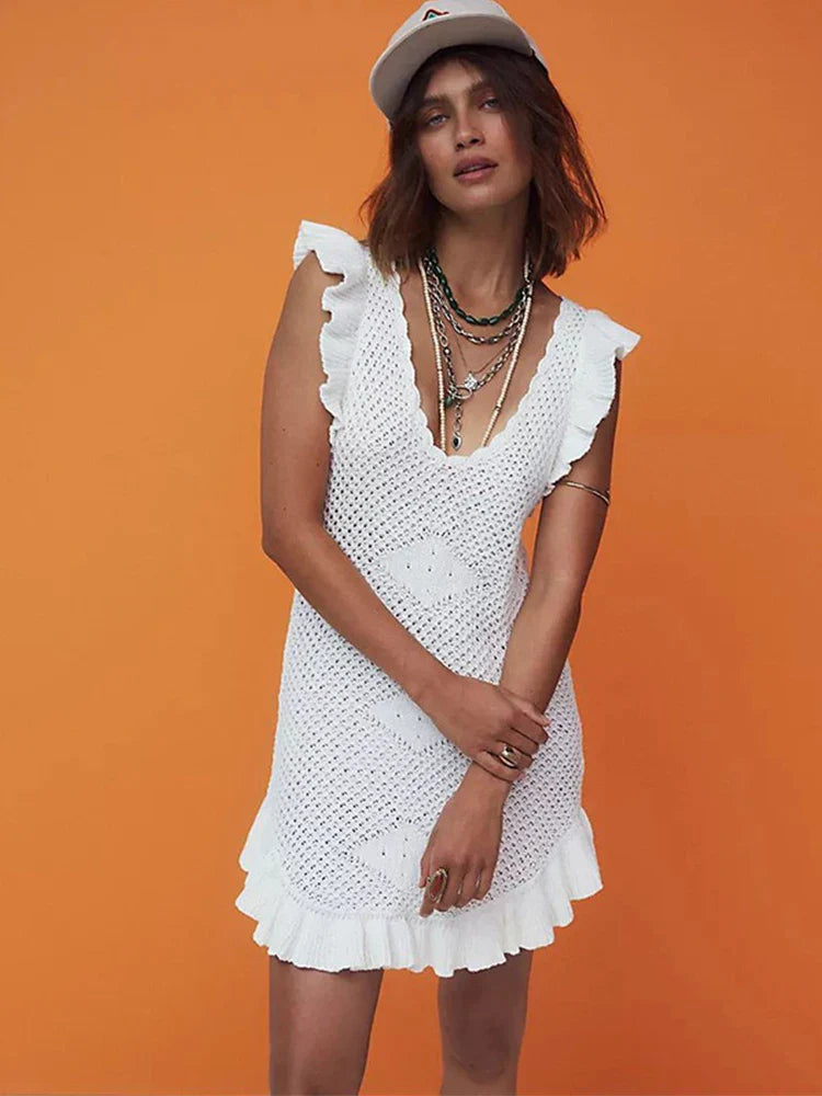 Ruffled Crochet Hollow Out Knit  Beach Mini Dress